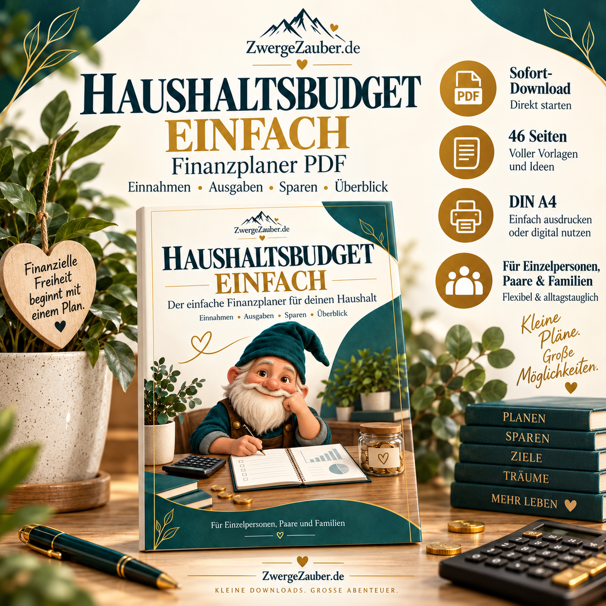 Haushaltsbudget einfach Finanzplaner PDF von ZwergeZauber mit 46 Seiten für Einnahmen, Ausgaben, Sparen und Haushaltsübersicht