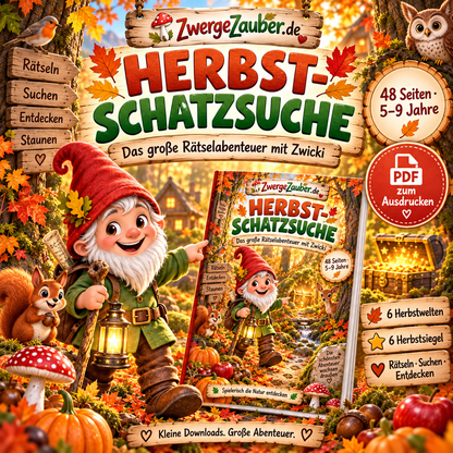 Herbst-Schatzsuche für Kinder von 5 bis 9 Jahren mit Zwicki – 48 Seiten Rätselabenteuer als PDF zum Ausdrucken