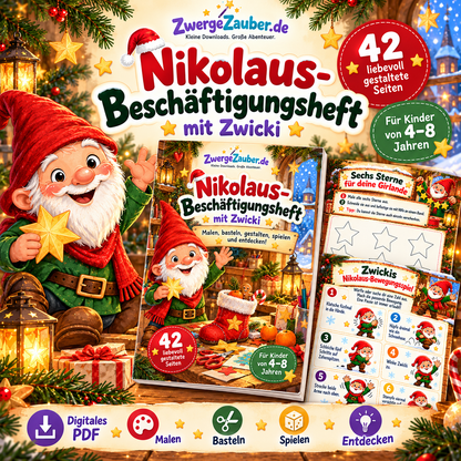 Nikolaus-Beschäftigungsheft mit Zwicki, 42 Seiten für Kinder von 4 bis 8 Jahren, mit fröhlichem Wichtel, Heftcover und Beispielseiten zum Malen, Basteln und Spielen.