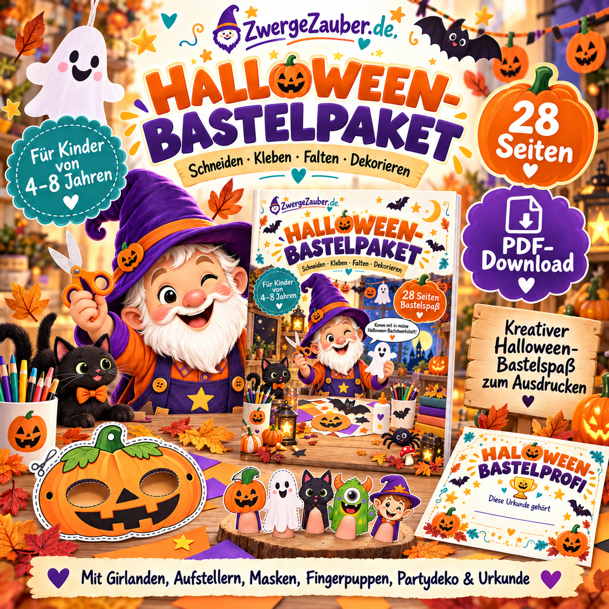 Halloween-Bastelpaket für Kinder von 4 bis 8 Jahren mit 28 Seiten zum Schneiden, Kleben, Falten und Dekorieren von ZwergeZauber