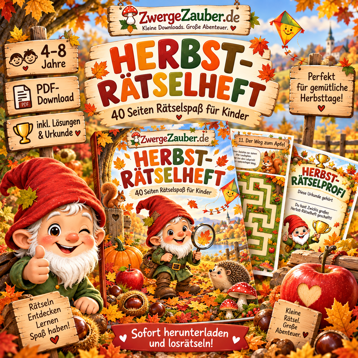 Herbst-Rätselheft für Kinder von 4–8 Jahren mit 40 Seiten Rätselspaß, Zwicki und herbstlichen Motiven