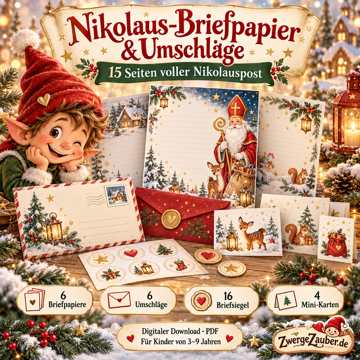 Nikolaus-Briefpapier und Umschläge von ZwergeZauber mit Zwicki, sechs Briefpapieren, sechs Umschlägen, Briefsiegeln und Minikarten als PDF-Set.