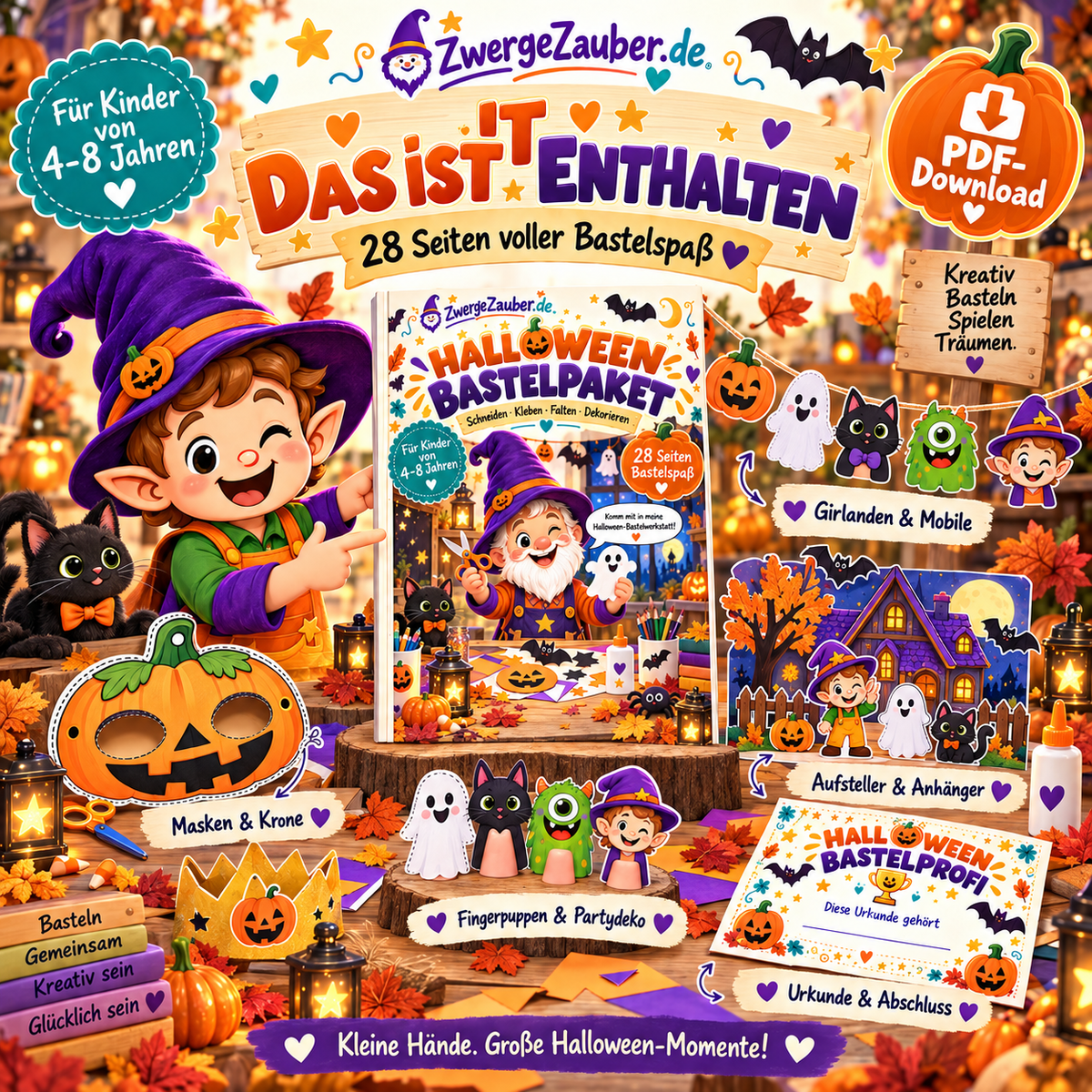 Halloween-Bastelpaket mit 28 Seiten voller Girlanden, Masken, Fingerpuppen, Aufsteller, Partydeko und Bastelideen für Kinder