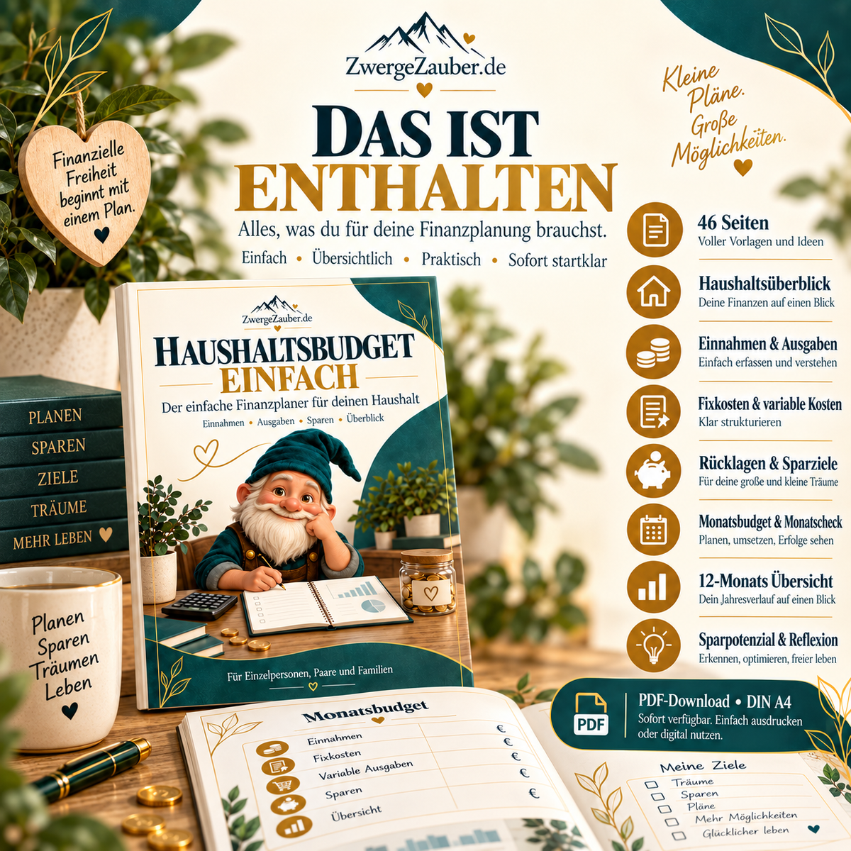 Haushaltsbudget einfach PDF mit 46 Seiten für Haushaltsübersicht, Fixkosten, Rücklagen, Sparziele und Monatsplanung