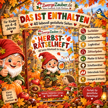 Das ist enthalten im Herbst-Rätselheft: Suchbilder, Labyrinthe, Logikrätsel, Zählaufgaben, Muster und Lösungen
