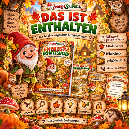 Herbst-Schatzsuche Inhalt mit 48 Seiten, 6 Herbstwelten, Rätseln, Suchspielen, Logikaufgaben und Schatz-Finale
