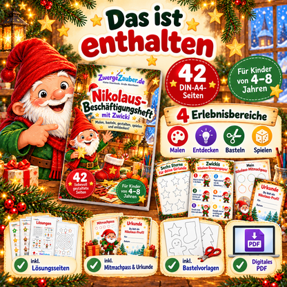 Übersicht zum Nikolaus-Beschäftigungsheft mit Zwicki: 42 DIN-A4-Seiten mit Ausmalbildern, Bastelvorlagen, Bewegungsspielen, Lösungsseiten, Mitmachpass und Urkunde.