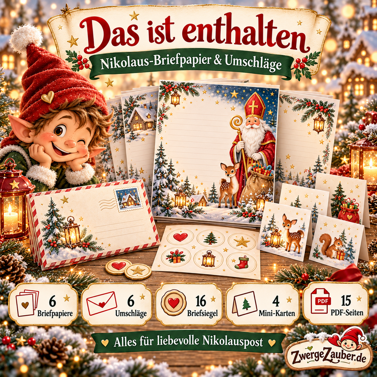 Inhalt des Nikolaus-Briefpapier-Sets: 6 Briefpapiere, 6 passende Umschläge, 16 Briefsiegel und 4 Minikarten auf insgesamt 15 DIN-A4-PDF-Seiten.