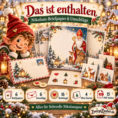 Inhalt des Nikolaus-Briefpapier-Sets: 6 Briefpapiere, 6 passende Umschläge, 16 Briefsiegel und 4 Minikarten auf insgesamt 15 DIN-A4-PDF-Seiten.