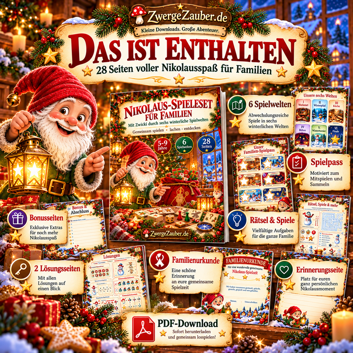Inhalt des Nikolaus-Spielesets für Familien mit 28 PDF-Seiten: sechs Spielwelten, Rätsel, Spiele, Familien-Spielpass, Bonuskarten, Lösungsseiten und Urkunde.
