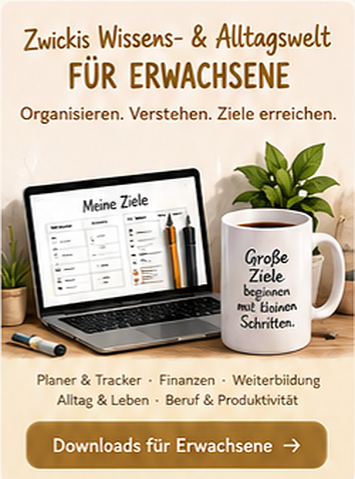 Zwickis Wissens- und Alltagswelt für Erwachsene mit Planern, Trackern und Weiterbildung