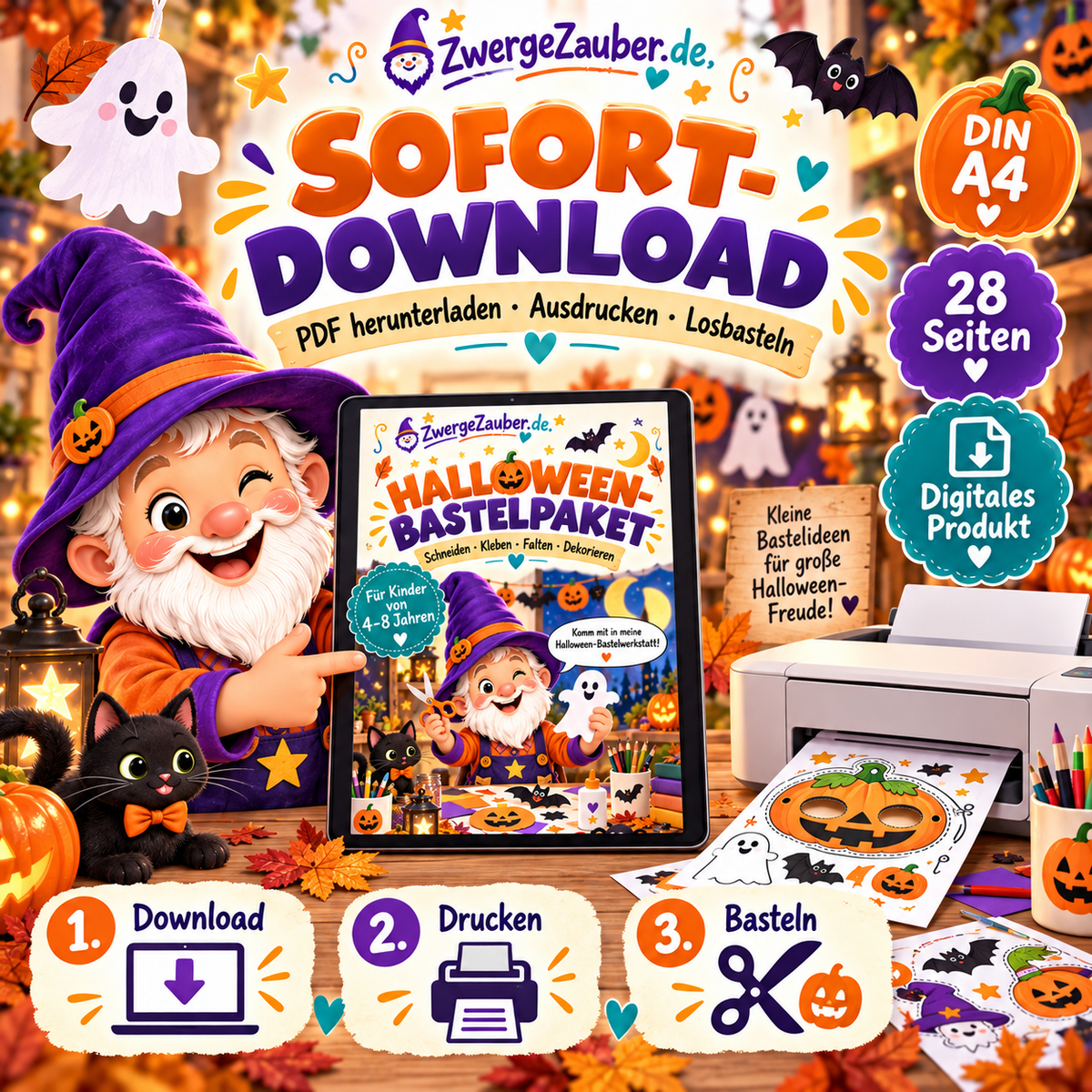 Digitales Halloween-Bastelpaket als PDF im DIN-A4-Format zum sofortigen Herunterladen, Ausdrucken und Basteln