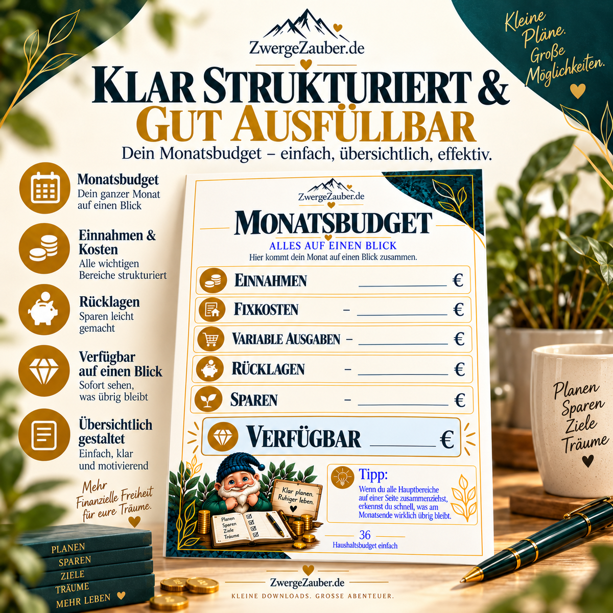Beispielseite Monatsbudget aus dem Haushaltsbudget einfach Finanzplaner mit Einnahmen, Fixkosten, Ausgaben und Sparen