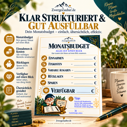 Beispielseite Monatsbudget aus dem Haushaltsbudget einfach Finanzplaner mit Einnahmen, Fixkosten, Ausgaben und Sparen