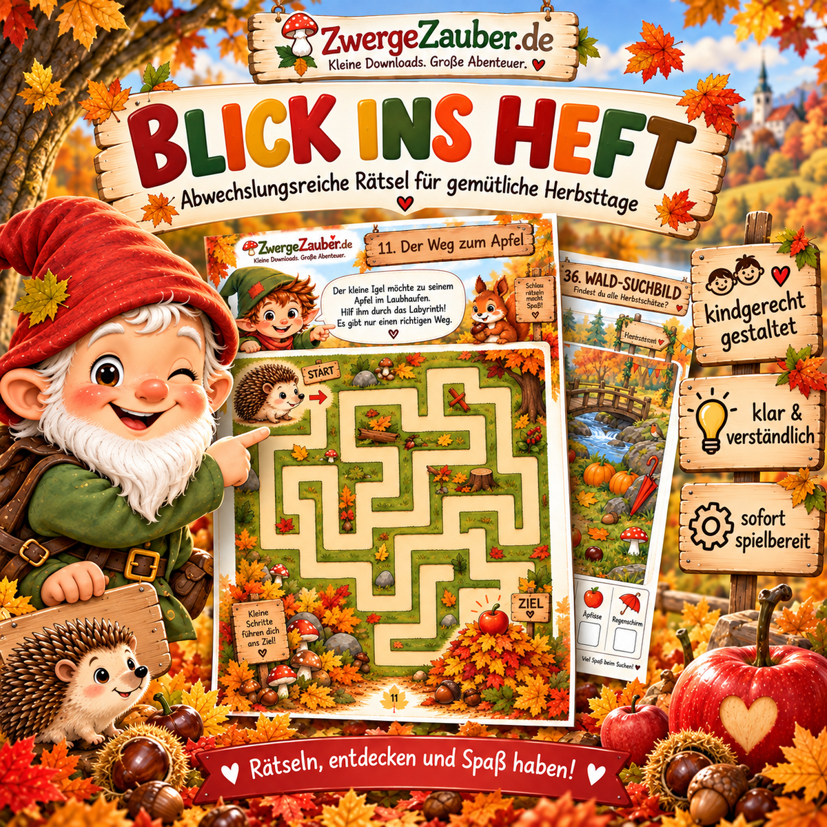 Blick ins Herbst-Rätselheft mit abwechslungsreichen Beispielseiten wie Labyrinth und Wald-Suchbild für Kinder
