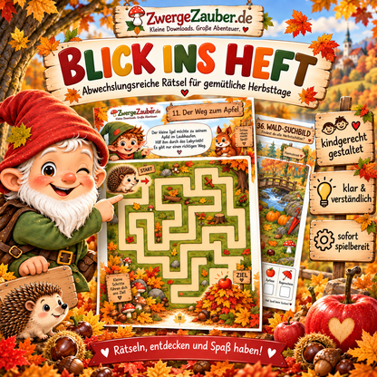 Blick ins Herbst-Rätselheft mit abwechslungsreichen Beispielseiten wie Labyrinth und Wald-Suchbild für Kinder