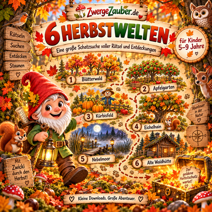 6 Herbstwelten der ZwergeZauber Herbst-Schatzsuche – Blätterwald, Apfelgarten, Kürbisfeld, Eichelhain, Nebelmoor und Waldhütte
