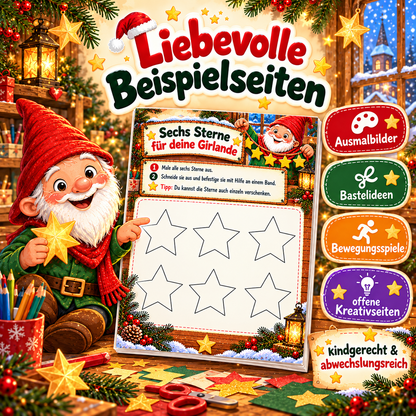Zwicki präsentiert eine Sternengirlanden-Bastelvorlage aus dem Nikolaus-Beschäftigungsheft, mit Beispielen für Ausmalbilder, Bastelideen, Bewegungsspiele und Kreativaufgaben.