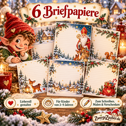 Sechs weihnachtliche Nikolaus-Briefpapier-Vorlagen für Kinder von 3 bis 9 Jahren zum Schreiben, Malen und Gestalten persönlicher Nikolausgrüße.