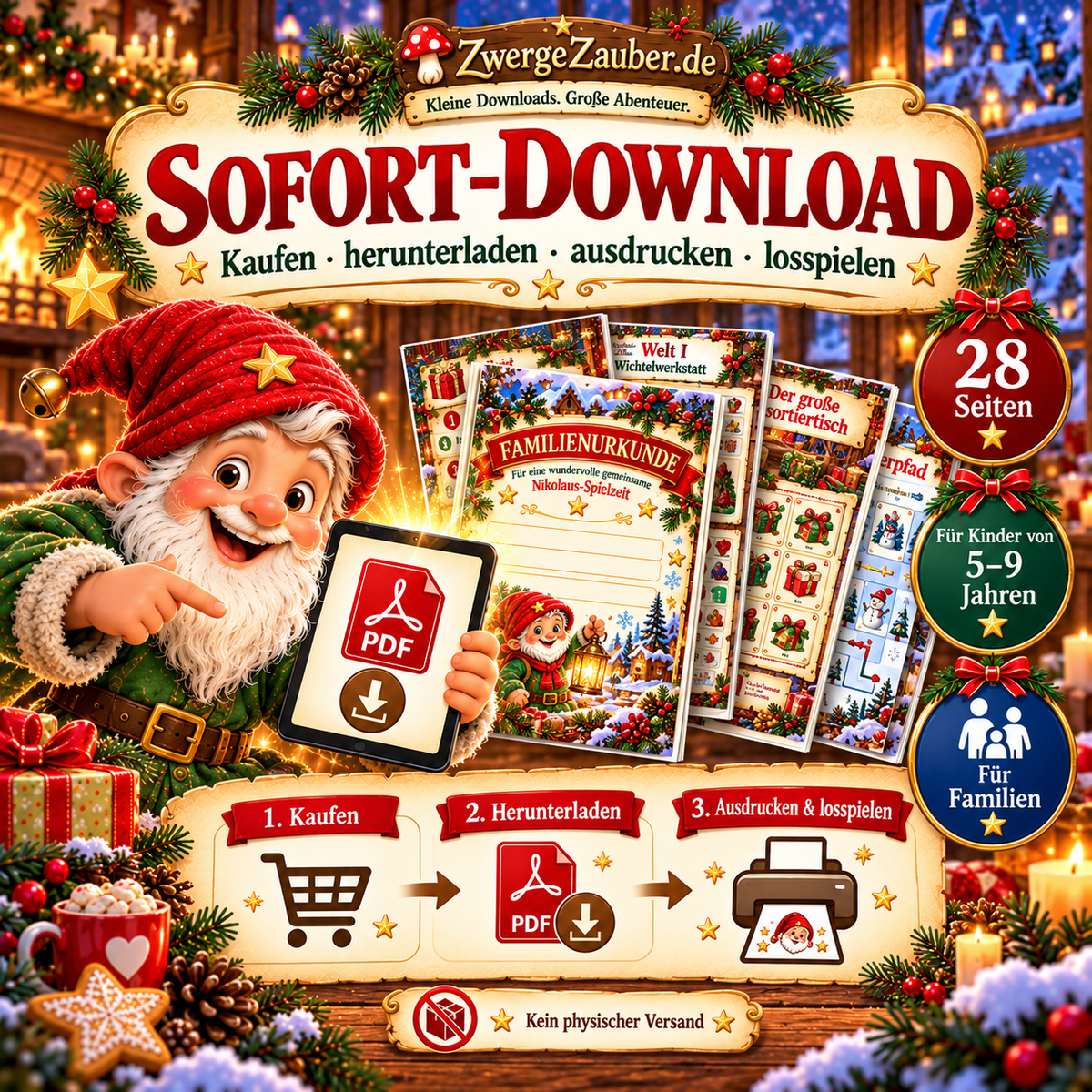 Nikolaus-Spieleset als PDF-Sofortdownload mit 28 druckbaren Seiten für Familien und Kinder von 5 bis 9 Jahren – herunterladen, ausdrucken und gemeinsam spielen.