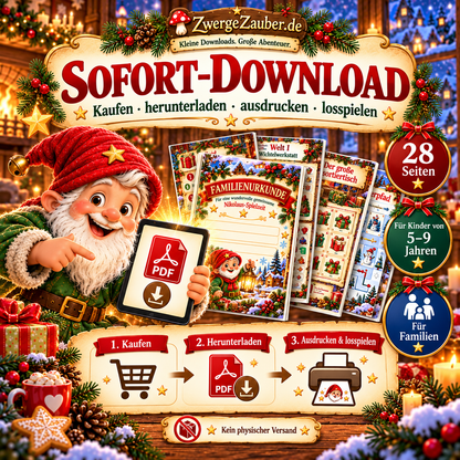 Nikolaus-Spieleset als PDF-Sofortdownload mit 28 druckbaren Seiten für Familien und Kinder von 5 bis 9 Jahren – herunterladen, ausdrucken und gemeinsam spielen.