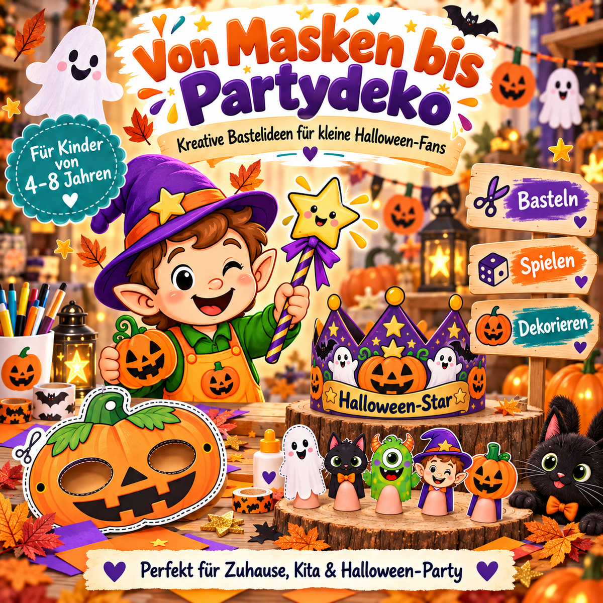 Kreative Halloween-Bastelideen für Kinder mit Kürbismaske, Halloween-Krone, Fingerpuppen, Zauberstab und Partydekoration