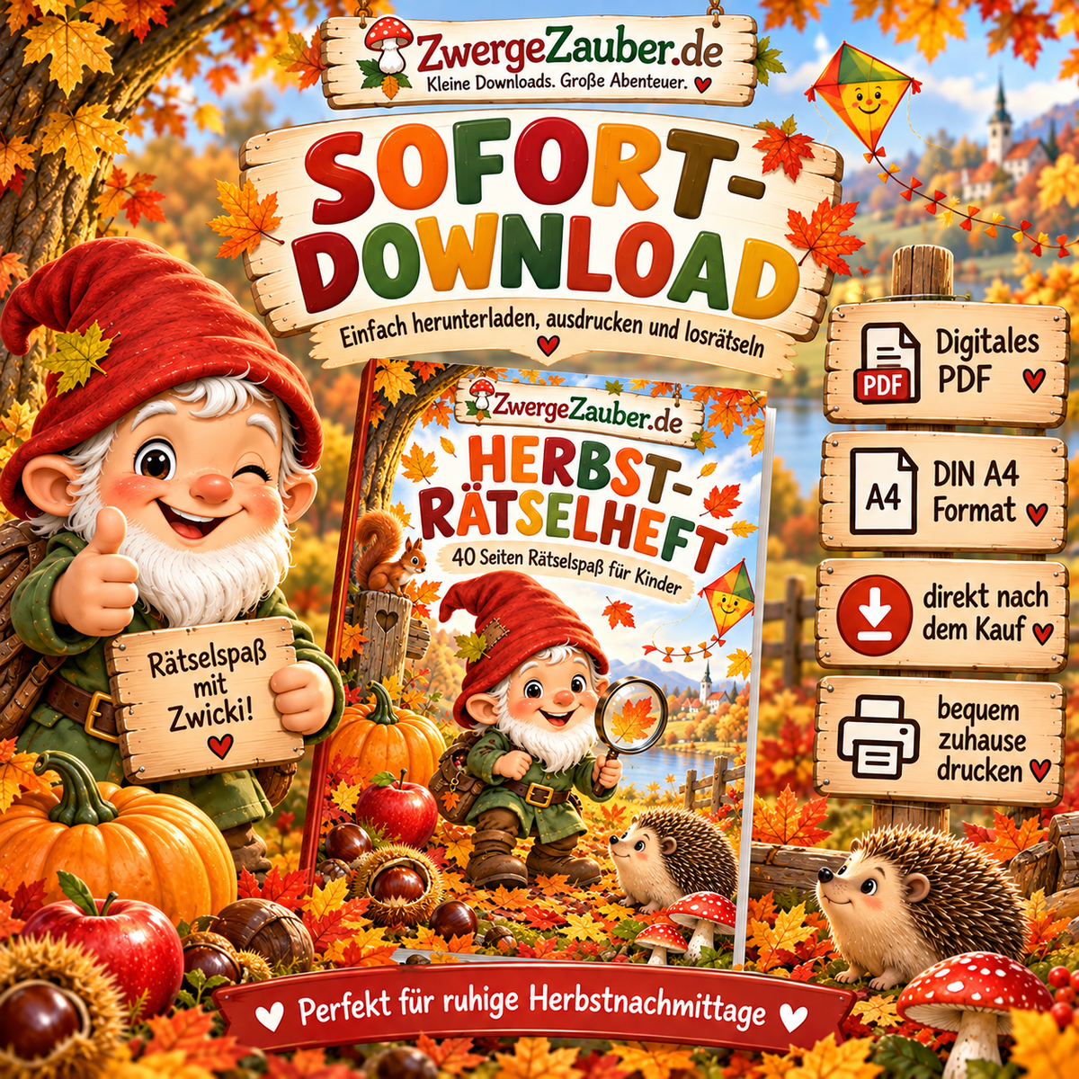 Digitales Herbst-Rätselheft als PDF im DIN-A4-Format zum sofortigen Downloaden, Ausdrucken und Losrätseln