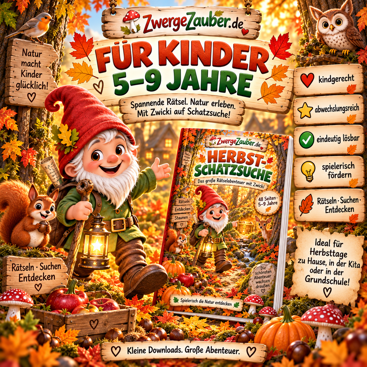 Herbst Rätsel für Kinder von 5 bis 9 Jahren – abwechslungsreiche Schatzsuche mit Zwicki zum Suchen, Rätseln und Entdecken