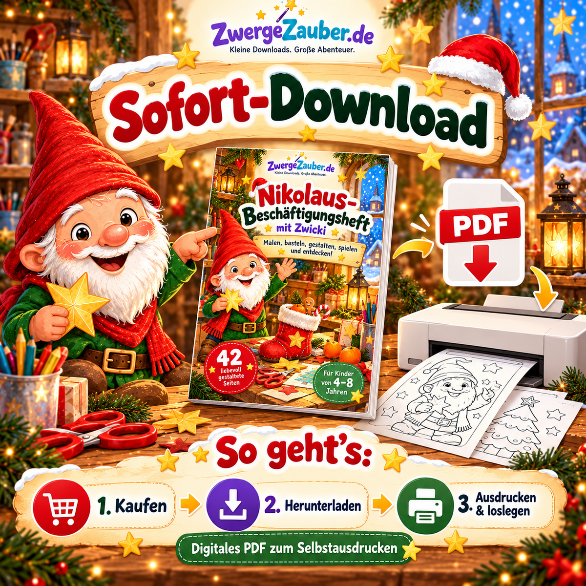 Digitales Nikolaus-Beschäftigungsheft mit Zwicki als PDF zum Sofort-Download und Selbstausdrucken, mit Downloadsymbol, Drucker und drei einfachen Schritten.