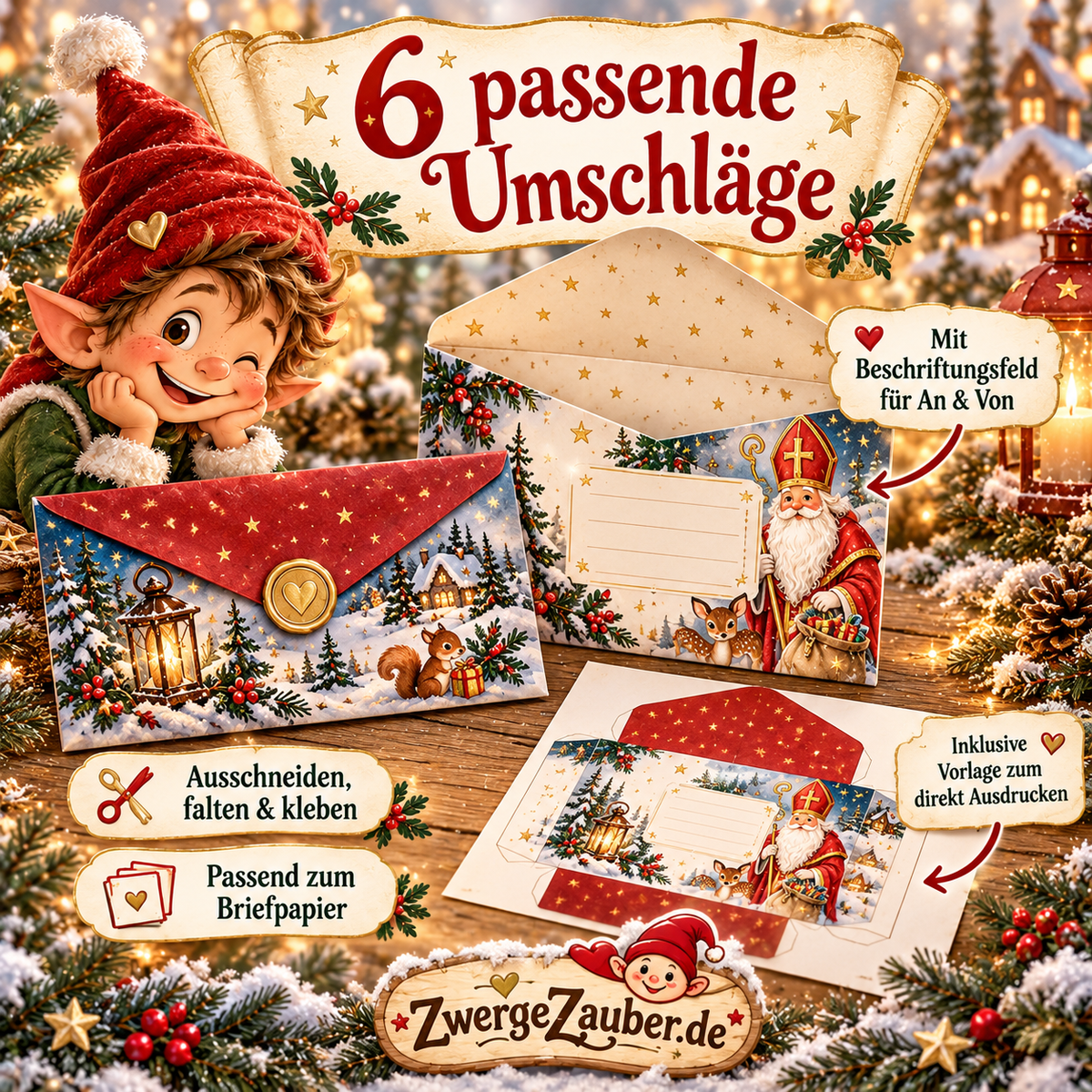 Sechs festliche Nikolaus-Umschläge zum Ausdrucken, Ausschneiden, Falten und Kleben, passend zu den Briefpapier-Vorlagen von ZwergeZauber.