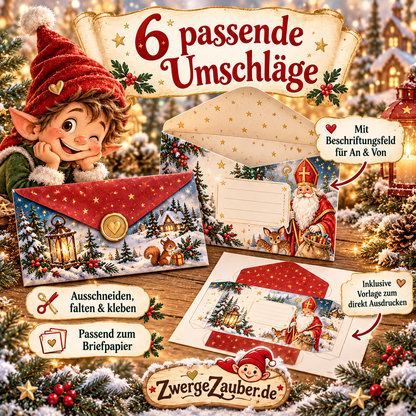 Sechs festliche Nikolaus-Umschläge zum Ausdrucken, Ausschneiden, Falten und Kleben, passend zu den Briefpapier-Vorlagen von ZwergeZauber.