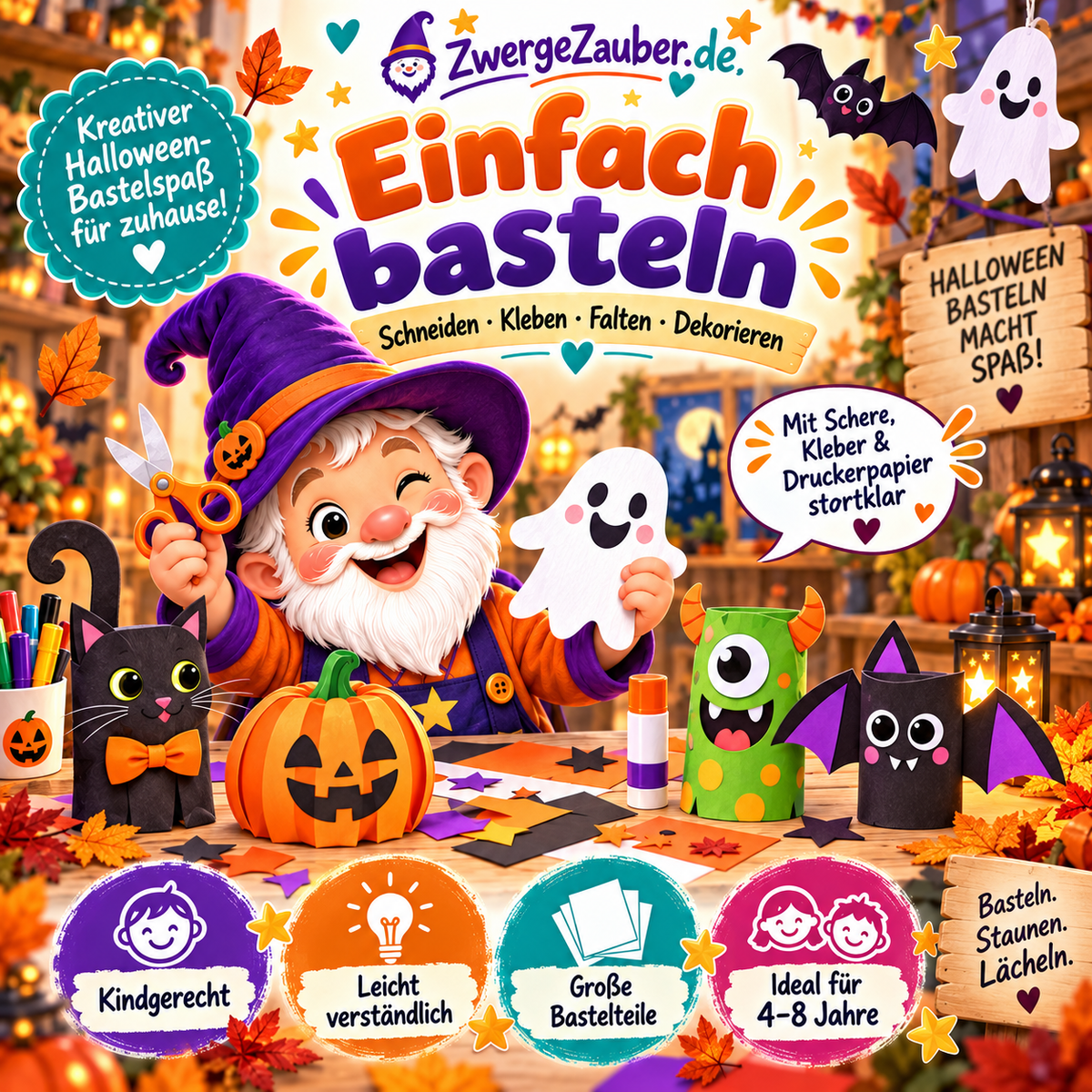 Einfaches Halloween-Bastelpaket für Kinder von 4 bis 8 Jahren mit großen Bastelteilen und kindgerechten Anleitungen
