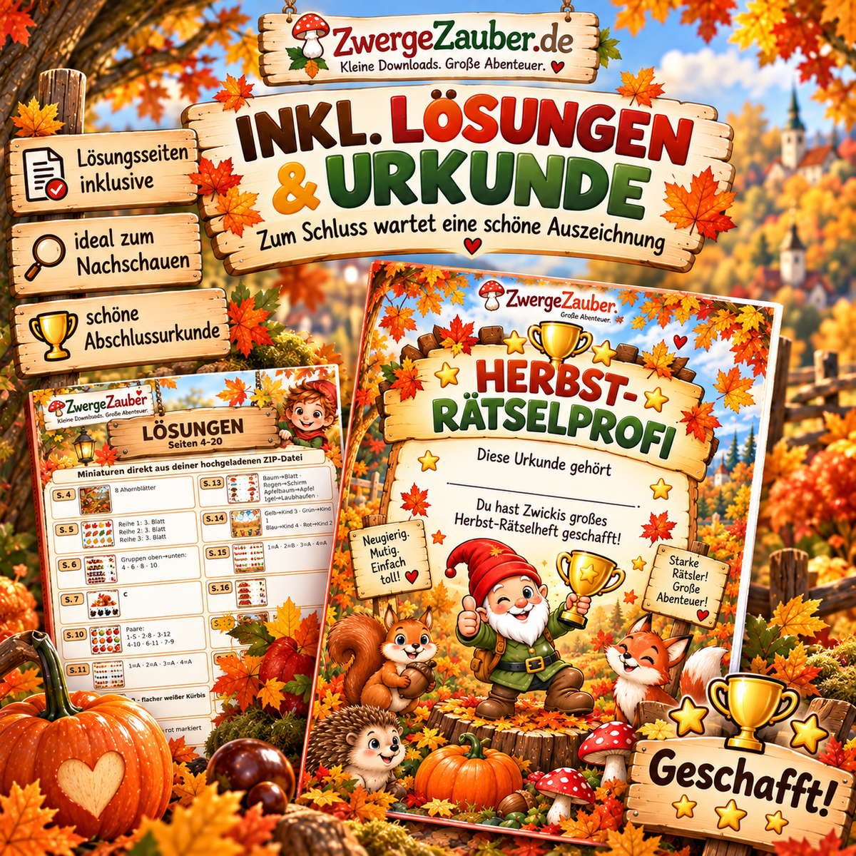 Herbst-Rätselheft inklusive Lösungsseiten und farbiger Herbst-Rätselprofi-Urkunde für Kinder