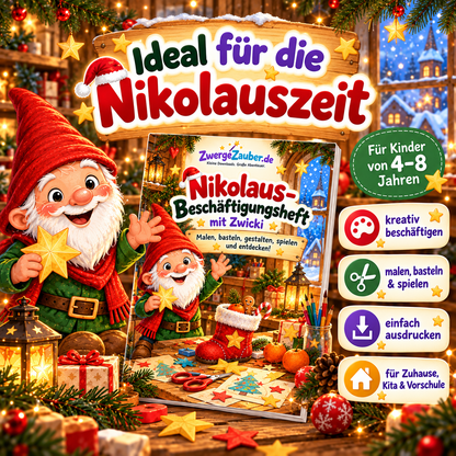 Beschäftigungsheft für die Nikolauszeit mit Zwicki, geeignet für Kinder von 4 bis 8 Jahren, mit kreativen Mal-, Bastel- und Spielideen für Zuhause, Kita und Vorschule.