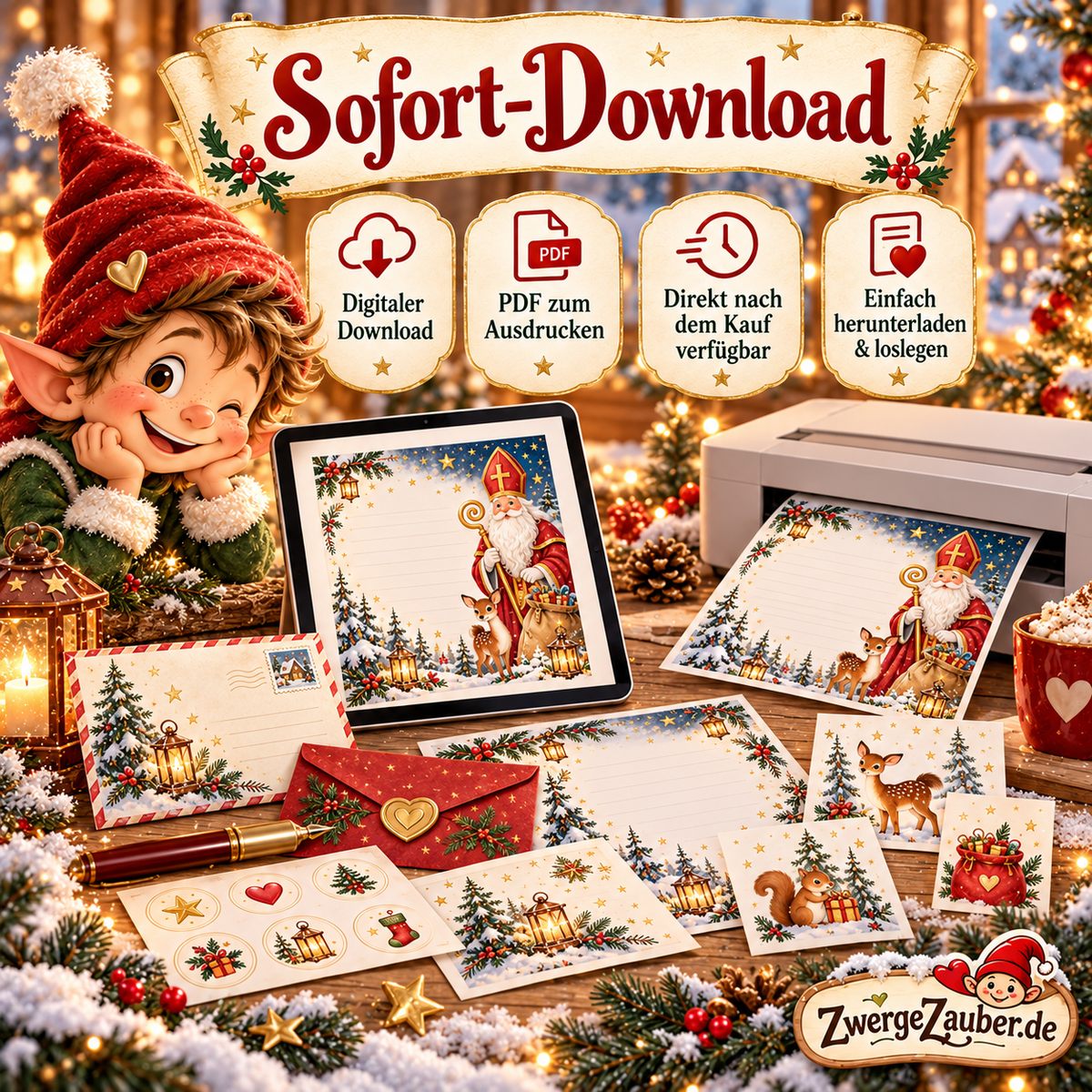 Nikolaus-Briefpapier und Umschläge als digitaler PDF-Sofort-Download mit 15 DIN-A4-Seiten zum Ausdrucken und Basteln zu Hause.