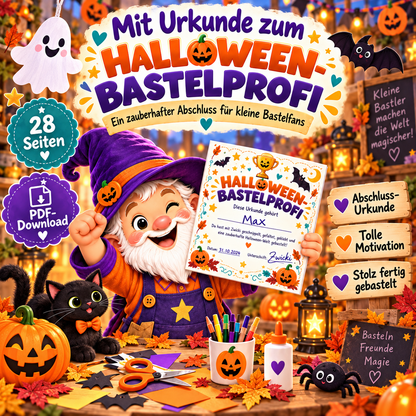 Halloween-Bastelpaket mit Bastelprofi-Urkunde als Abschluss für Kinder nach 28 Seiten kreativem Halloween-Bastelspaß