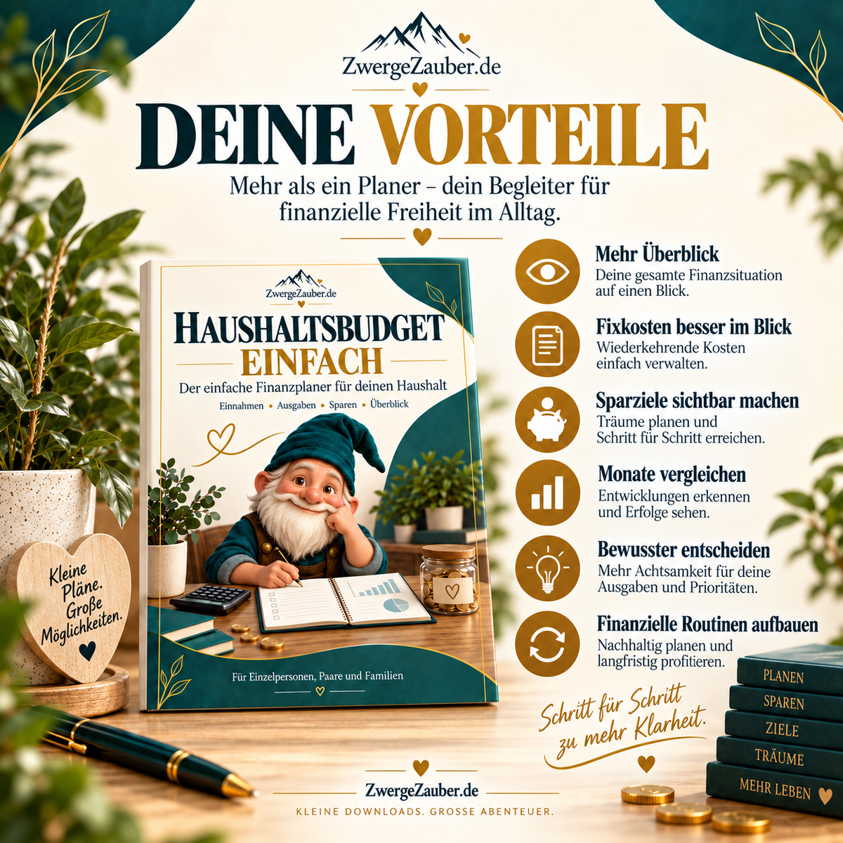 Vorteile des Haushaltsbudget einfach Finanzplaners mit Kostenübersicht, Sparzielen, Monatsvergleich und bewusster Finanzplanung