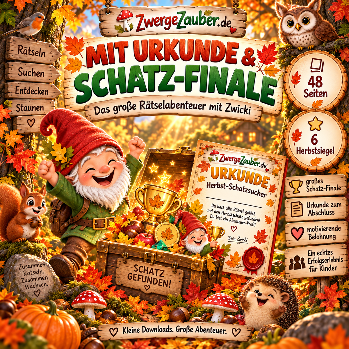 Herbst-Schatzsuche mit großem Schatz-Finale, sechs Herbstsiegeln und Urkunde als Belohnung für Kinder
