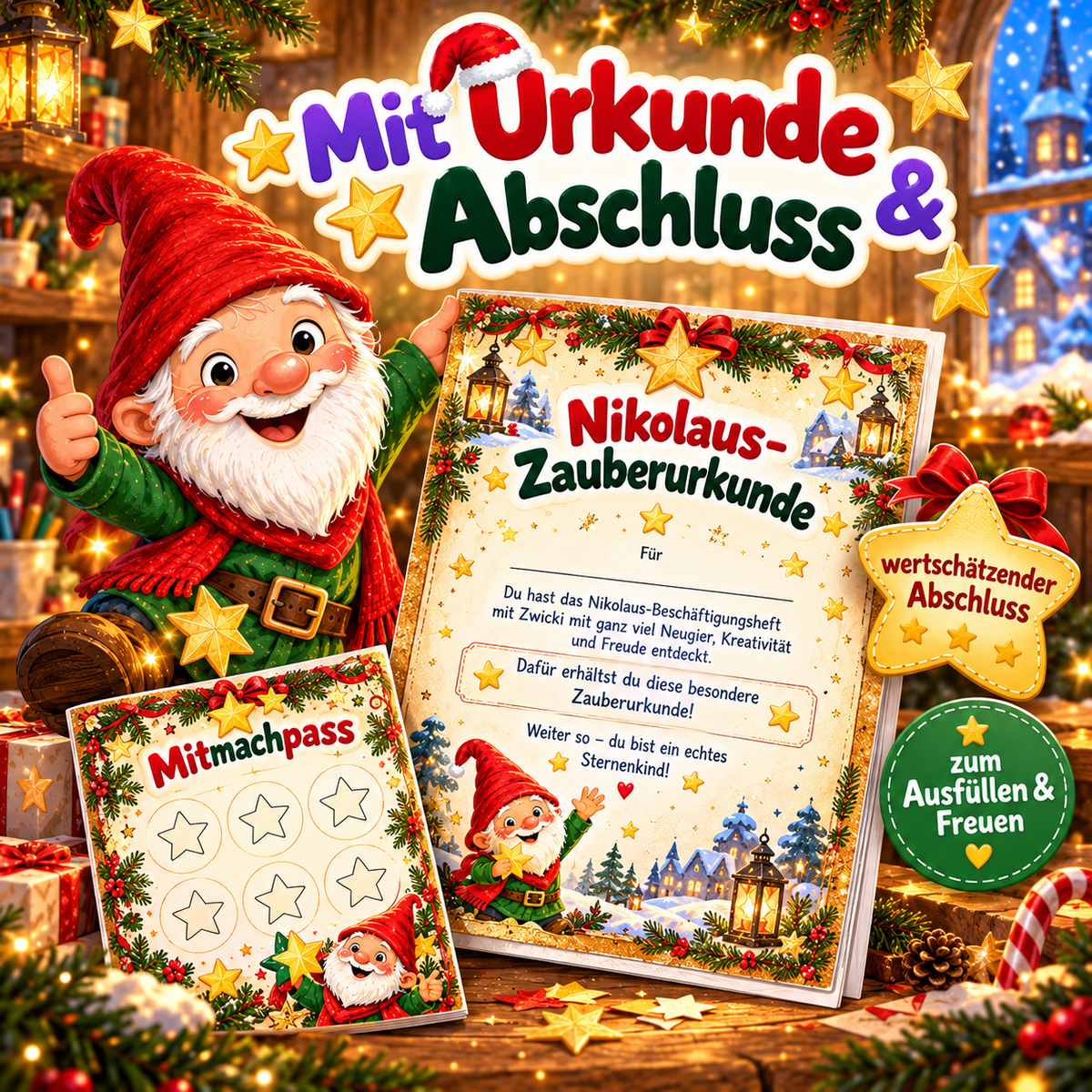 Festlicher Abschluss des Nikolaus-Beschäftigungshefts mit Zwicki, illustriert mit Nikolaus-Zauberurkunde, ausfüllbarem Mitmachpass und fröhlichem Wichtel.