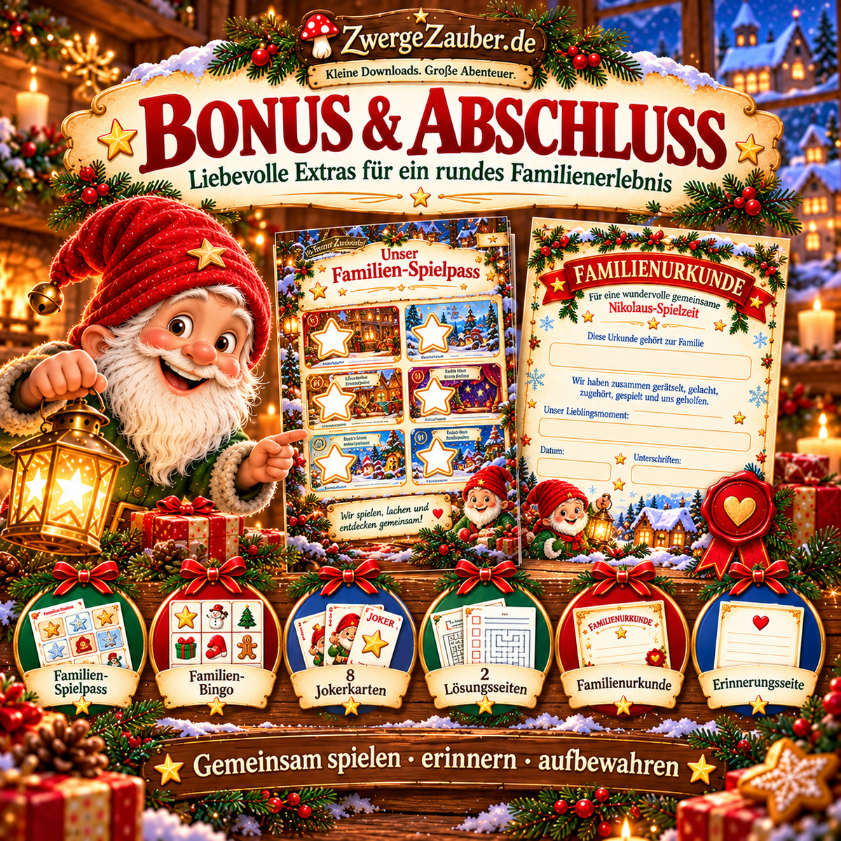 Bonusmaterial des Nikolaus-Spielesets für Familien mit Familien-Spielpass, Bingo, acht Jokerkarten, zwei Lösungsseiten, Familienurkunde und Erinnerungsseite.