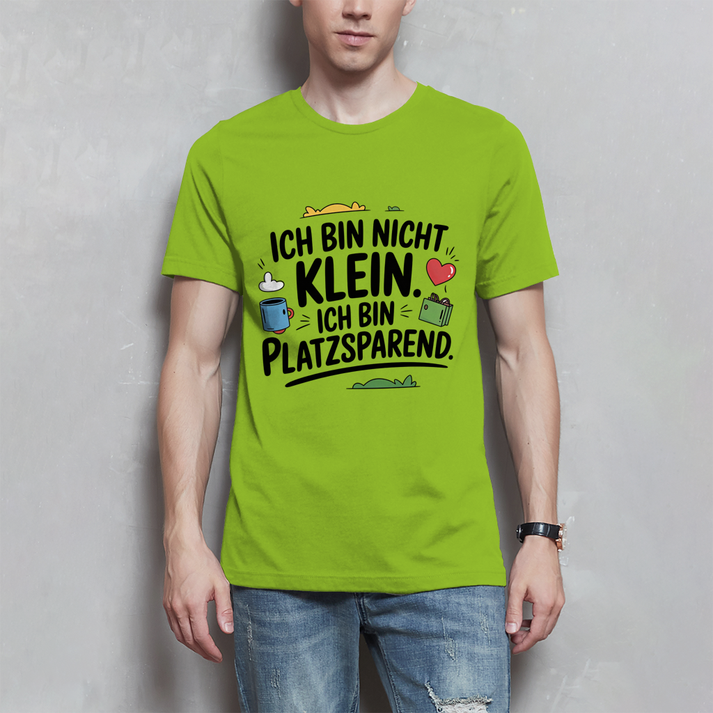 Herren T-Shirt „Ich bin nicht klein – ich bin platzsparend“ – Lustiges Spruchshirt (schwarze Schrift)
