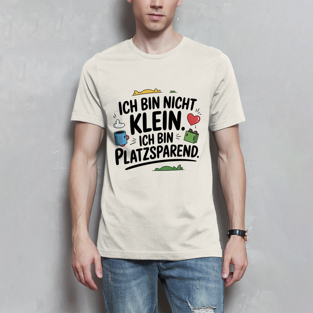 Herren T-Shirt „Ich bin nicht klein – ich bin platzsparend“ – Lustiges Spruchshirt (schwarze Schrift)