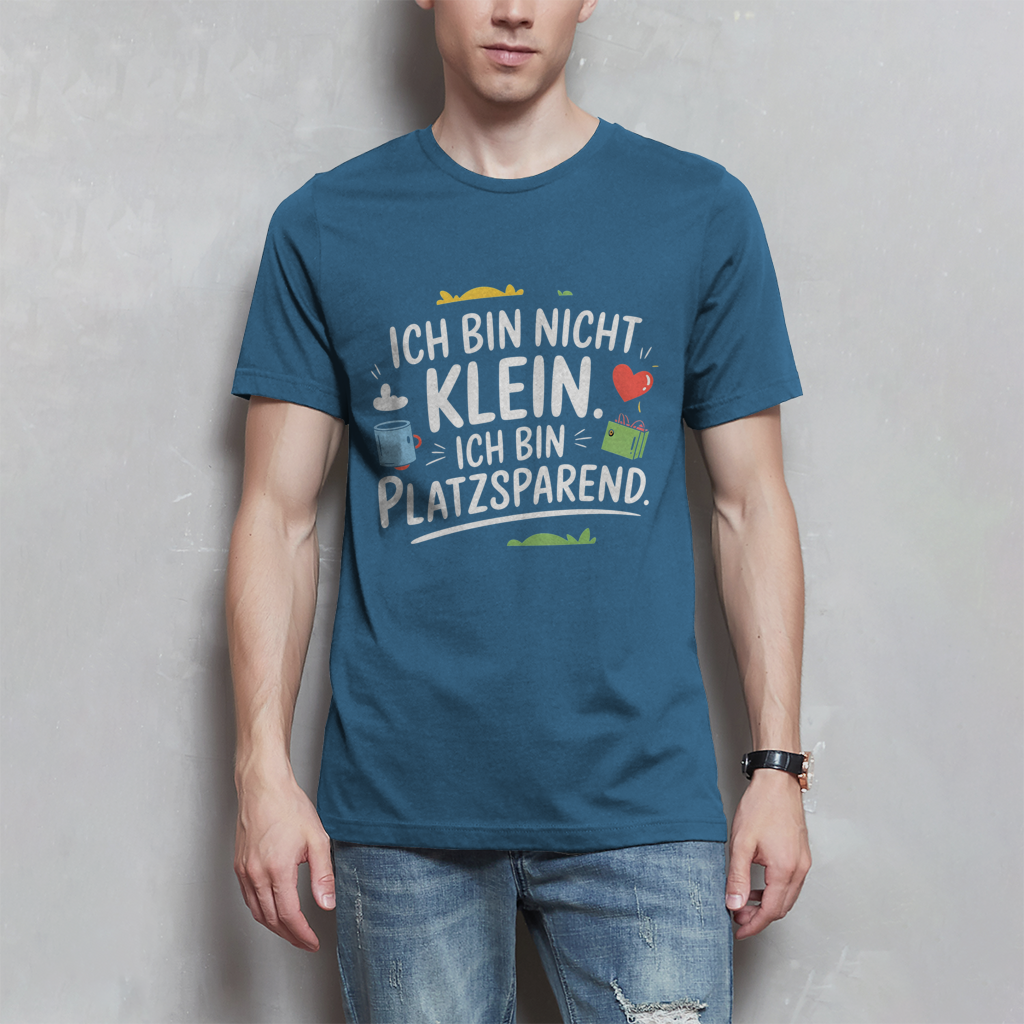 Herren T-Shirt „Ich bin nicht klein – ich bin platzsparend“ – Lustiges Spruchshirt (weisse Schrift)