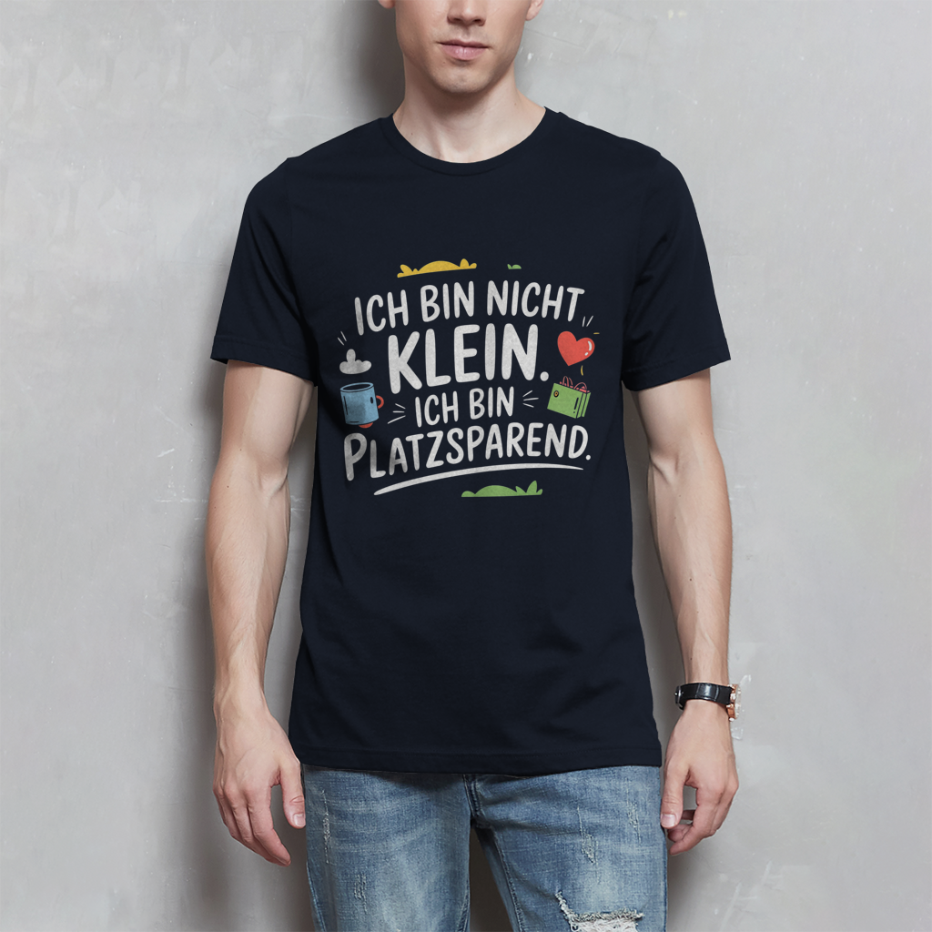 Herren T-Shirt „Ich bin nicht klein – ich bin platzsparend“ – Lustiges Spruchshirt (weisse Schrift)