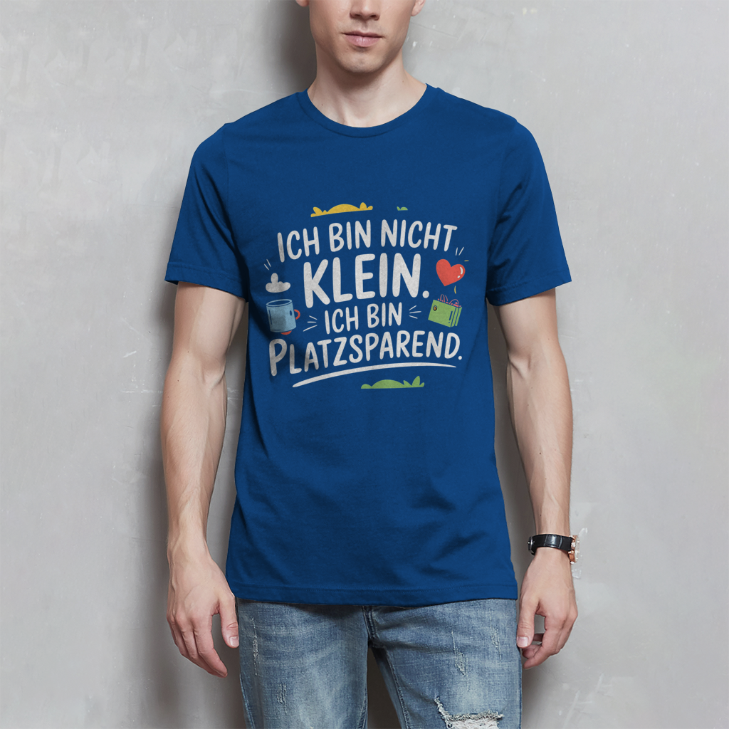 Herren T-Shirt „Ich bin nicht klein – ich bin platzsparend“ – Lustiges Spruchshirt (weisse Schrift)