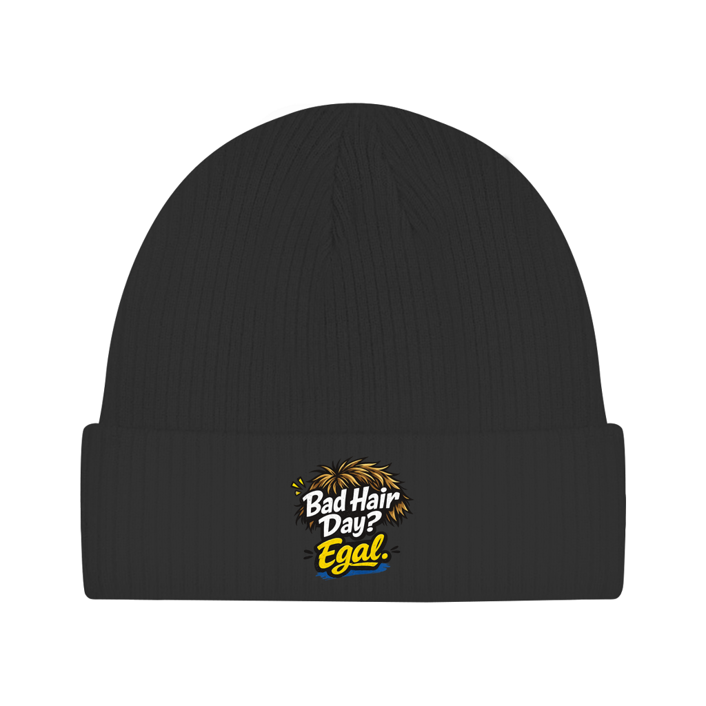 Beanie „Bad Hair Day? Egal.“ – Lustige Unisex Mütze aus Bio-Baumwolle