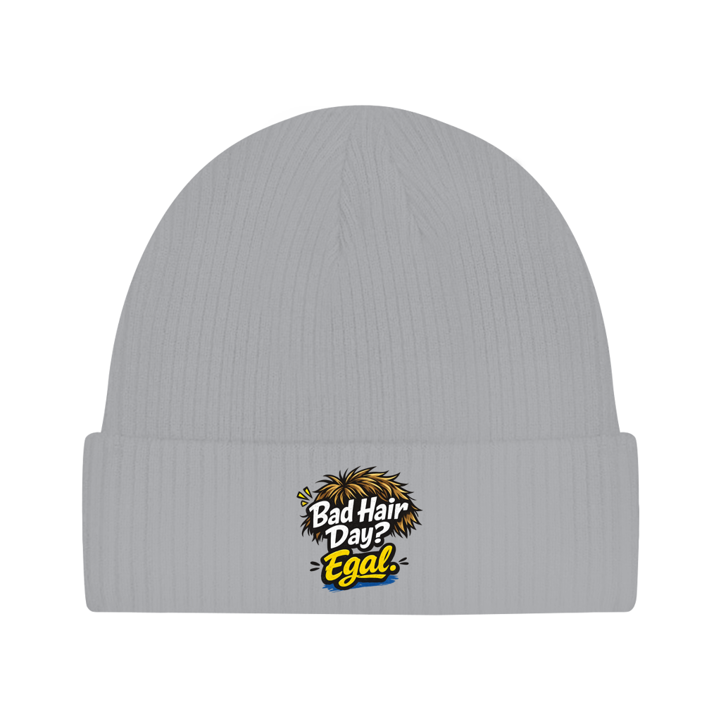 Beanie „Bad Hair Day? Egal.“ – Lustige Unisex Mütze aus Bio-Baumwolle