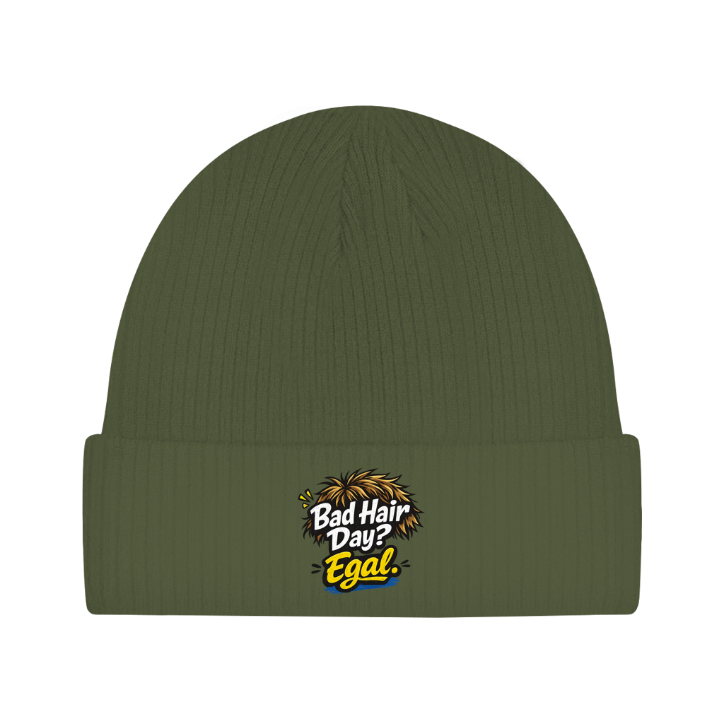 Beanie „Bad Hair Day? Egal.“ – Lustige Unisex Mütze aus Bio-Baumwolle