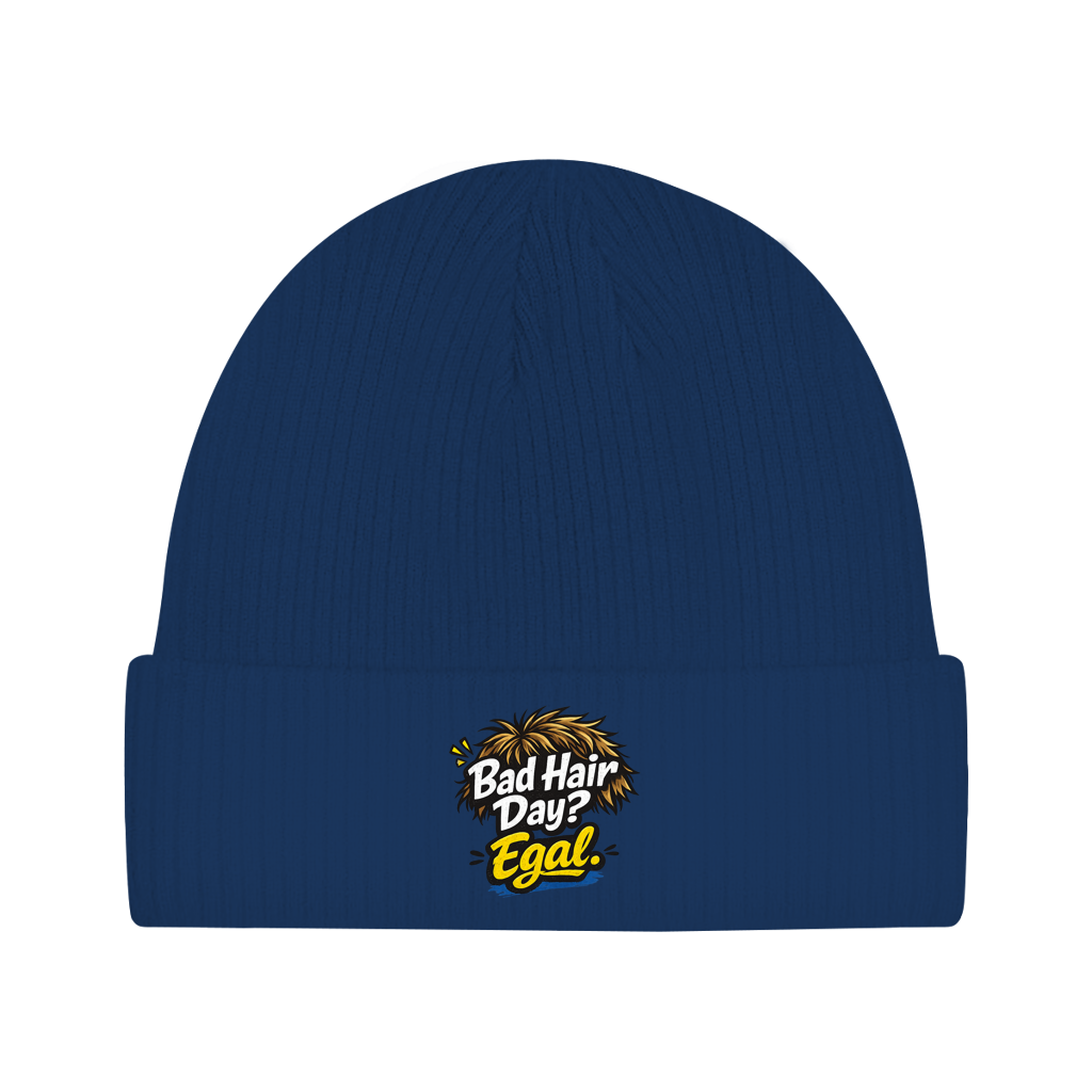 Beanie „Bad Hair Day? Egal.“ – Lustige Unisex Mütze aus Bio-Baumwolle