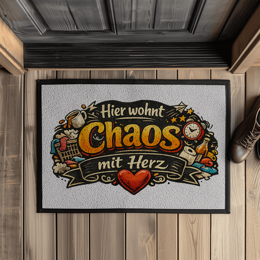 Fußmatte mit Gummirand – „Hier wohnt Chaos mit Herz“ | Lustige Haustürmatte
